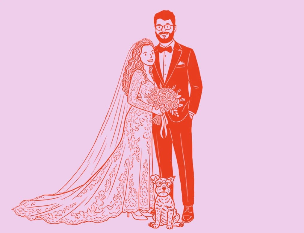 Ilustração de Karla e Raphael, ela de vestido longo e ele de terno